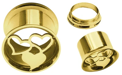 Ohr Piercing Schmuck Schraub Flesh Tunnel Plug vergoldet + Herzen, 8-14mm Stärke - Bild 1 von 2