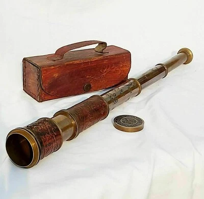Antique brass telescope marine nautical leather pirate spyglass vintage gift - Image 1 of 4