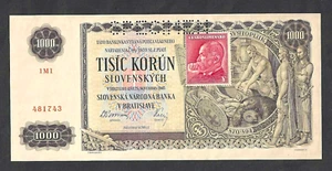 Checoslovaquia 1000 coronas 1940 (nd 1945) ~ p56s ~ ESPECIMEN EN LA PARTE SUPERIOR ~ ELECCIÓN AU+ - Imagen 1 de 2