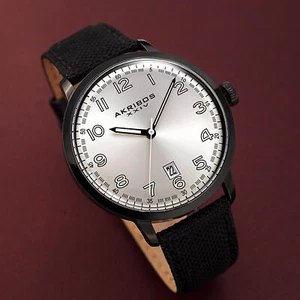 Men's Akribos XXIV AK1025B Quatz Date Classic Black Canvas Leather Strap Watch - Picture 1 of 1