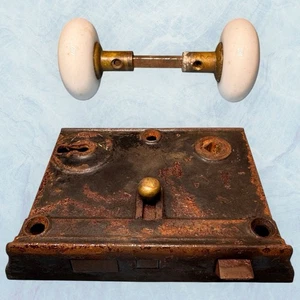 Antique D & M NEW HAVEN RIM LOCK W/ White Porcelain Door Knobs - Picture 1 of 10