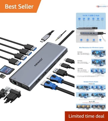 USB C Docking Station 14-in-1 Dual Monitor Hub for Windows Mac Linux Surface - Image 1 of 4
