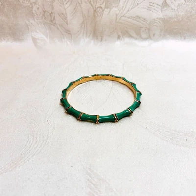 STELLA + DOT bracelet green enamel goldtone metal bamboo shape bangle 7 1/2" cir - Image 1 of 4