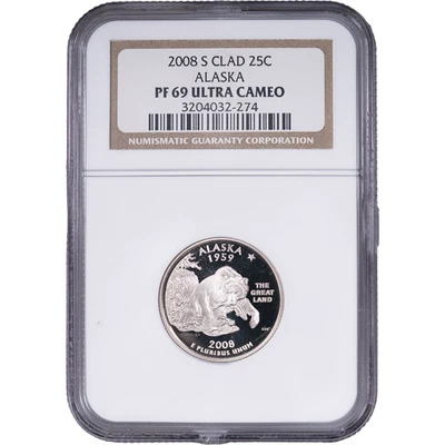 2008-S Clad Alaska State Quarter - Proof ~ NGC PF 69 ULTRA CAMEO - Image 1 of 2
