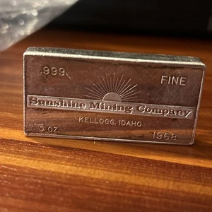 Sunshine Mining 1968 Kellogg Idaho WH Foster Walla 3 oz 999 barra de plata fina - Imagen 1 de 8