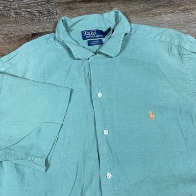 Camisa Polo Ralph Lauren Para Hombre L Verde Manga Corta Botones Corte Curham Lino Foto 1 de 4