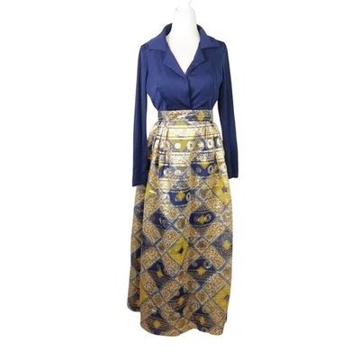 Vintage 70s navy blue and metallic gold lurex hostess maxi dress 10 - Image 1 of 4