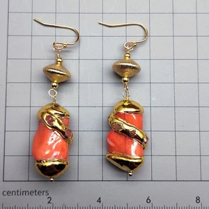Orange Color Coral Tourmaline Raw Dangle Hook Earrings Holiday Jewelry - Picture 1 of 8