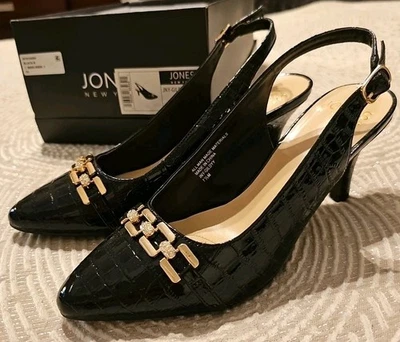ZAPATOS JONES NEW YORK MUJER 7,5 M NEGRO IMITACIÓN COCODRILO CHAROL TACONES HONDA Foto 1 de 4