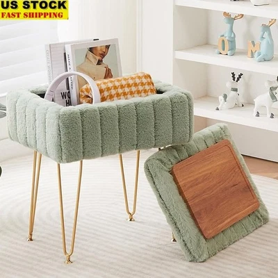 Reposapiés otomano de almacenamiento de piel de visón sintético silla de maquillaje asiento de tocador patas de metal nuevo Foto 1 de 4