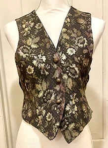 Womens Vest Metallic Gold Floral Frt Black Back With Tie Bronze Metal Buttons M - Picture 1 of 13
