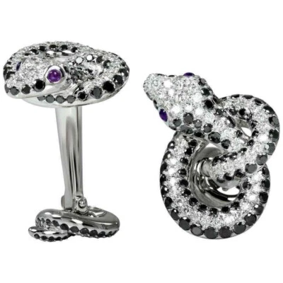Round Cut Black & White Cubic Zirconia Women's Snack Cuff Links In 925 Silver - Image 1 of 4