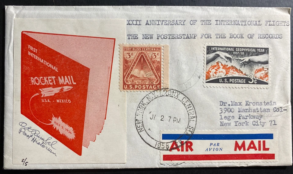 1958 New York USA Rocket Mail 22th Anniversary Of International Flight cover FDC - Image 1 of 2