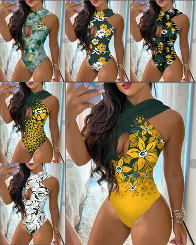 Green Bay Packers One Piece Halter Neck Bathing Suit Front Cutout Swimwear Cover