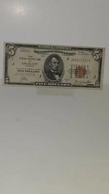 $5 Series 1929  Brown Seal Federal Reserve Bank Notes Rare Kansas City Bill - Image 1 of 4