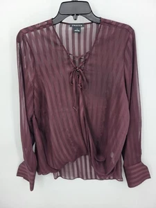 Trouve Top Womens Medium Maroon Tonal Stripe Semi Sheer Lace Up Neck Popover - Picture 1 of 9