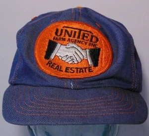 Vintage 1980s UNITED FARM REAL ESTATE DENIM PATCH SNAPBACK TRUCKER HAT CAP USA? - Picture 1 of 12