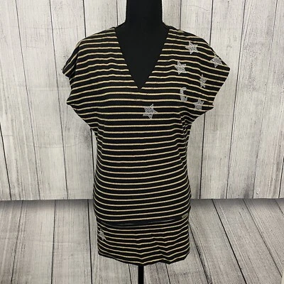 John Galliano Women's Medium Black & Gold Striped Designer Stretch Blouse Y2K - Image 1 of 4