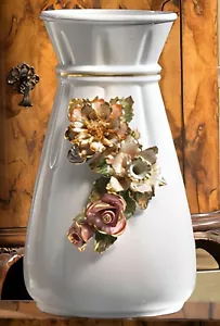 Vase For Flowers Table Porcelain Italian Capodimonte White Floral 51 Cm - Picture 1 of 9