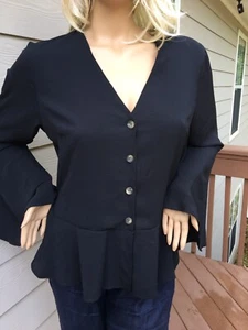 NWT Women Blouse Missguided Size 16 Black Peplum Long Bell Sleeve - Picture 1 of 12