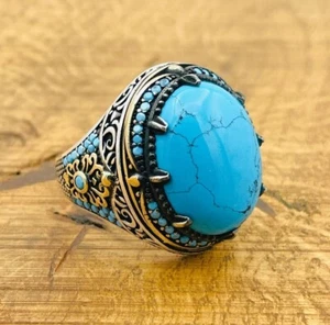 Anillo de plata para hombre, anillo ovalado de piedra turquesa topacio azul, joyería 925K para hombre - Imagen 1 de 9
