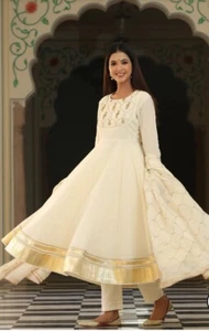 Worn Once, Anarkali Suit Cotton Gotta Patti Work Ivory Party Wear Indian Outfit - Picture 1 of 21