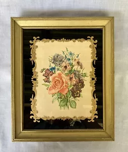 Framed Floral 1930's Print under Reversed Painted Glass in Black Gold 11.5 x 9.5 - Picture 1 of 8