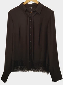 CUE Black Sheer Long Sleeve Sheer Neck Tie Lace Hem Blouse Top - Size 14 BNWT - Picture 1 of 7
