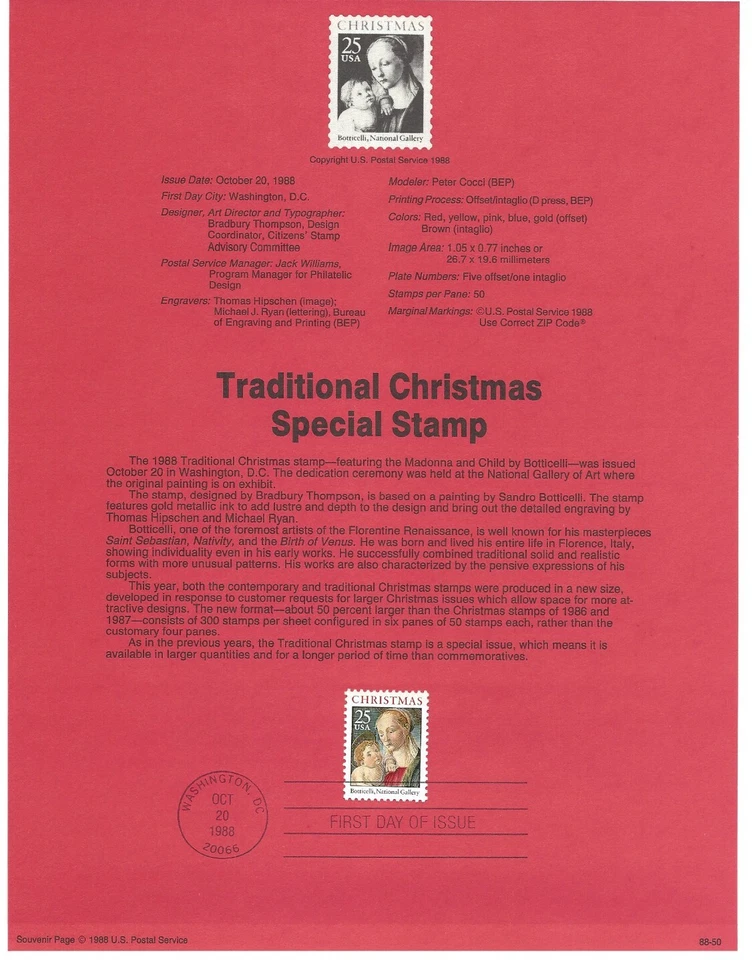 USPS Souvenir First Day Of Issue Comm Stamp 10/20/88 Traditional Christmas 25c - Image 1 of 1