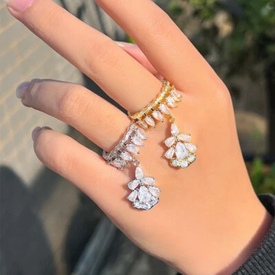 Adjustable CZ Yellow Gold Plated Dangling Drop Charm Rings CZ Engagement Jewelry - Image 1 of 4