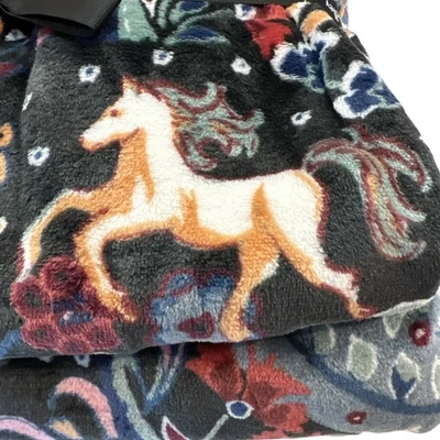 Vera Bradley White Horse Enchantment Blanket Velvet Plush Throw Peacock 80"x50" - Image 1 of 4