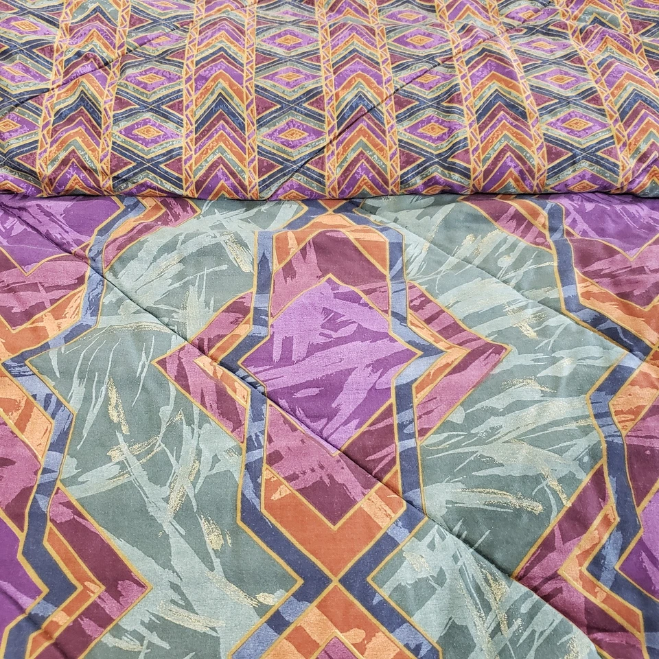 Edredom duplo canhão antigo 62x86 EUA reversível asteca sudoeste geométrico anos 80 - Imagem 1 de 4