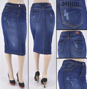 Nuevo LÁPIZ de mezclilla elástica para mujer 28" longitud pantorrilla 5 bolsillos lavado oscuro #WG-77806 S - Imagen 1 de 1