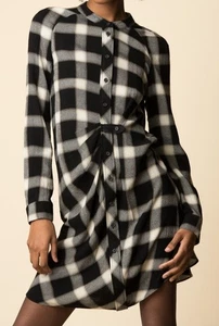 DEREK LAM 10 CROSBY Black Beige Plaid Long Sleeve Ruched Side Shirt Dresd Sz 6 - Picture 1 of 10