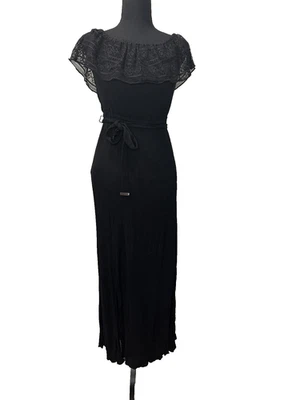Whimsigoth Black Dress Rayon Boho Long Slit Lace Detail Gothic Cottage Size XS - Image 1 of 4