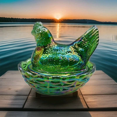 3" Chicken on Woven Nest Emerald Green Carnival On Basket By Mosser Gift - Image 1 of 4