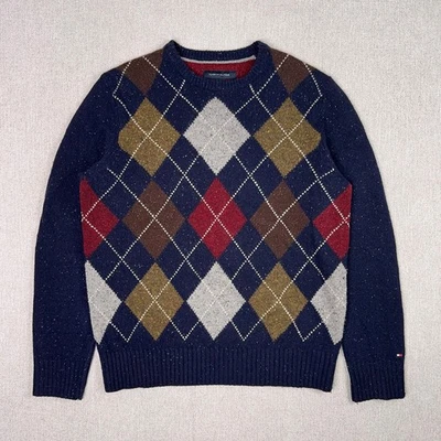 Tommy Hilfiger Argyle Knit Crewneck Sweater Men M Navy Multicolor Lambs Wool Ivy - Image 1 of 4