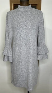 WHBM Sweater Knit Dress Tiered Ruffle Bell Sleeve Size Medium Grey Marbled - Picture 1 of 7