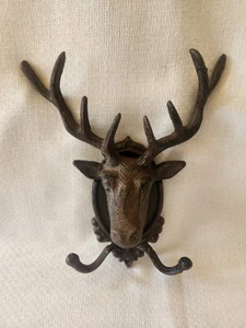 Cast Iron Deer Head Wall Hook Coat Hat Hanger Double Hook Rustic Wall Hook 10" - Picture 1 of 12