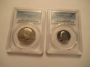 DUE MONETE AMERICANE 1976, Kennedy Half e Washington Quarter entrambe PCGS PR69 DCAM - Foto 1 di 7