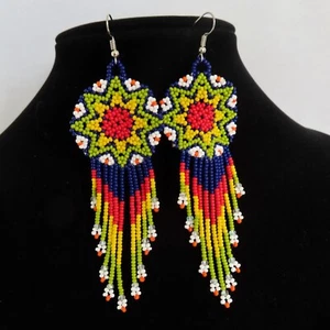 Huichol Indian Earrings Beaded Flower Star Medallion Handmade Mexican Folk Art - Picture 1 of 14