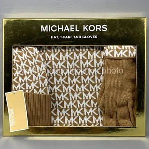 Michael Kors 3 piezas Camello Oscuro y Logotipo Blanco Sombrero Bufanda y Guantes Regalo Juego en Caja - Imagen 1 de 6