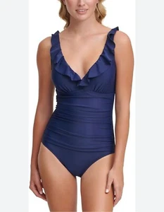 DKNY Ruffle Plunge Underwire Tummy Control One Piece Swimsuit Navy Blue Size M - Picture 1 of 5