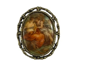 Vtg Porcelain Cameo Ladies GardenSetting angel Victorian Style Gold Tone Brooch - Picture 1 of 7