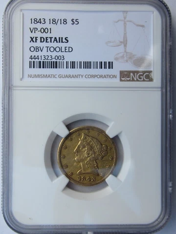 1843 18/18 VP-001 LIBERTY HEAD HALF EAGLE $5 DOLLAR GOLD RARE OVERDATE VARIETY Cover