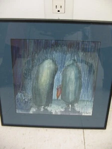 FRAMED MATTED ART PRINT 14.5 x 14.5 Couple Standing in the Rain Signed - Picture 1 of 3