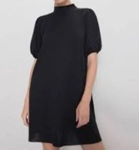 ZARA Black Smock Dress Womens XL Balloon Sleeve Turtleneck Tie Keyhole Back - Picture 1 of 8