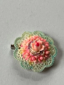 Vintage Small Layered Lacey Blue & Pink Floral Celluloid Plastic Brooch Pin - - Picture 1 of 9