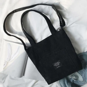 Canvas Corduroy Tote Bag Women Handbag, Ladies Shoulder Bag in Black Colour - Picture 1 of 4
