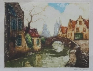 Vintage Wood block impressionist pencil signed stone bridge 8" x 6.25" colored - Picture 1 of 1
